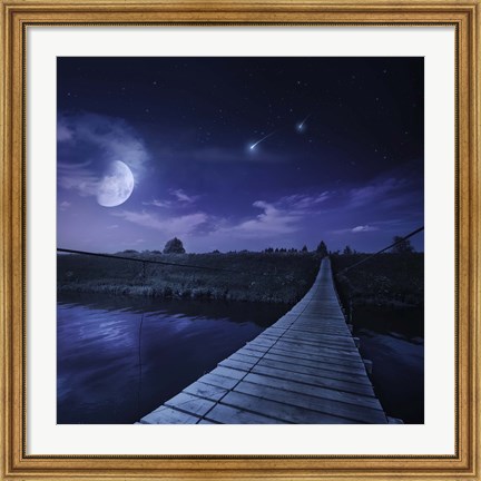Framed bridge across the river at night against starry sky, Russia Print
