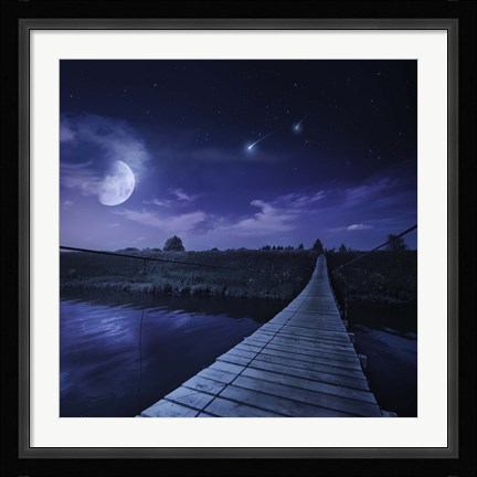 Framed bridge across the river at night against starry sky, Russia Print