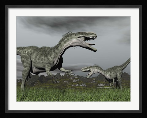 Framed territorial dispute between two Monolophosaurus dinosaurs Print
