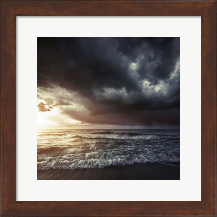 Framed Bright sunset against a wavy sea with stormy clouds, Hersonissos, Crete Print