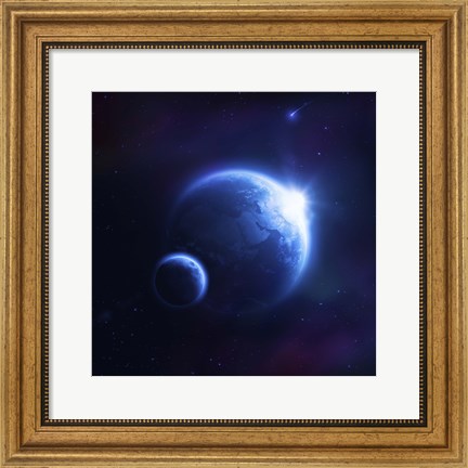 Framed Earth and moon in outer space with rising sun and flying meteorites Print