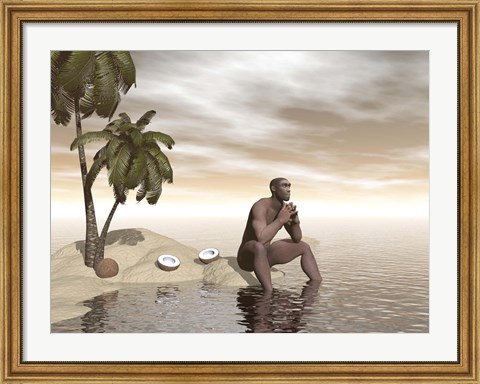 Framed Male Homo Erectus sitting alone on a beach island next to coconuts Print