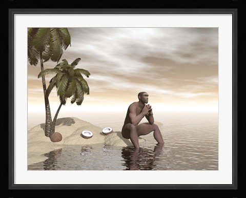 Framed Male Homo Erectus sitting alone on a beach island next to coconuts Print
