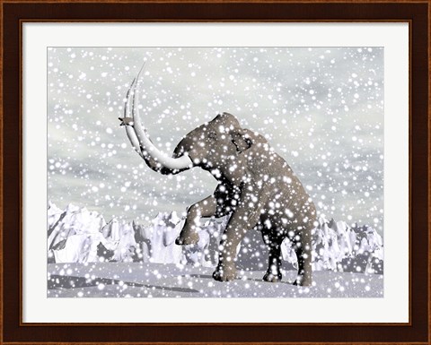 Framed Mammoth walking through a blizzard on mountain Print