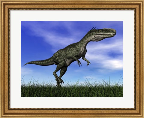 Framed Monolophosaurus dinosaur walking in the grass Print