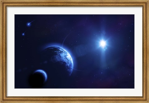 Framed Planet Earth and its moon in outer space Print