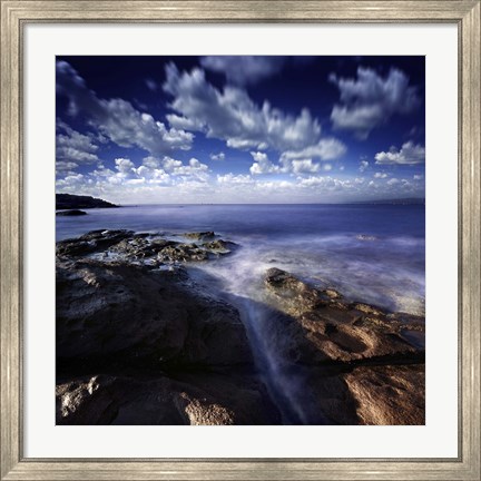 Framed Rocky shore and tranquil sea, Portoscuso, Sardinia, Italy Print