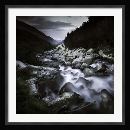 Framed Small river flowing over large stones in the mountains of Pirin National Park, Bulgaria Print
