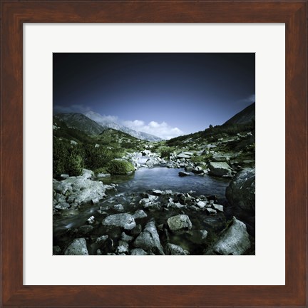 Framed Small river flowing through big stones in Pirin National Park, Bulgaria Print
