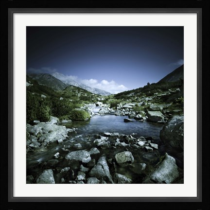 Framed Small river flowing through big stones in Pirin National Park, Bulgaria Print