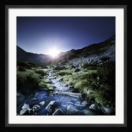 Framed Small stream in the mountains at sunset, Pirin National Park, Bulgaria Print