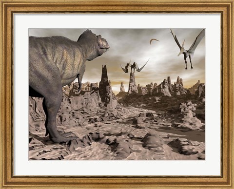 Framed Tyrannosaurus Rex dinosaur and Pteranodons on a rocky desert landscape Print