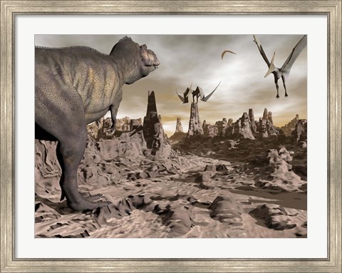 Framed Tyrannosaurus Rex dinosaur and Pteranodons on a rocky desert landscape Print