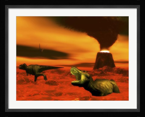 Framed Tyrannosaurus Rex dinosaurs struggle to survive from a volcanic eruption Print