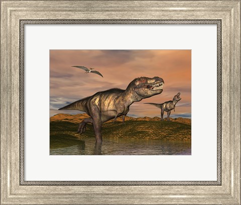 Framed Tyrannosaurus Rex dinosaurs with pteranodon bird flying above Print