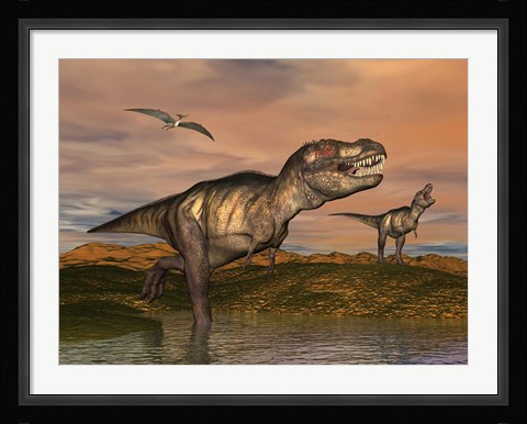 Framed Tyrannosaurus Rex dinosaurs with pteranodon bird flying above Print
