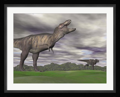 Framed Tyrannosaurus Rex growling as a fellow T-Rex runs away Print
