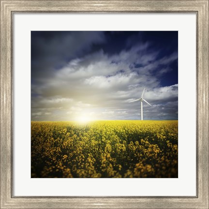 Framed Wind turbine in a canola field against cloudy sky at sunset, Denmark Print