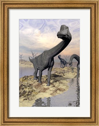 Framed Brachiosaurus dinosaurs near water with reflection by sunset and full moon Print