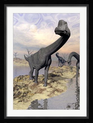 Framed Brachiosaurus dinosaurs near water with reflection by sunset and full moon Print