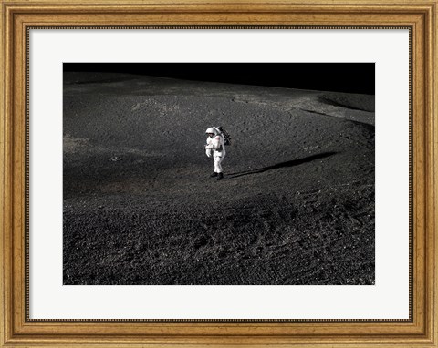 Framed Space Suit engineer simulates work inside a crater in Johnson Space Center&#39;s Lunar Yard Print