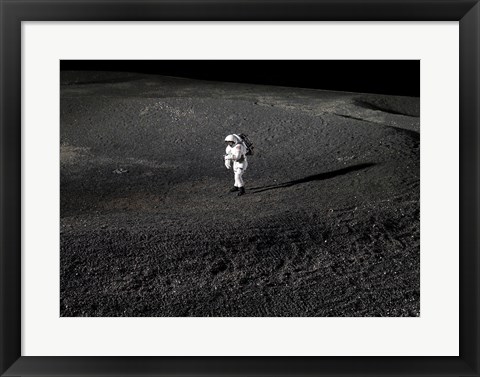 Framed Space Suit engineer simulates work inside a crater in Johnson Space Center&#39;s Lunar Yard Print