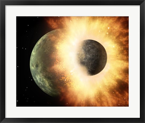 Framed Concept  of our moon slamming at great speed into a body the size of Mercury Print