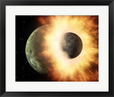 Framed Concept  of our moon slamming at great speed into a body the size of Mercury Print