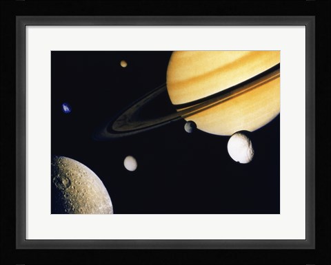 Framed Saturn and its Satellites.  Clockwise from right: Tethys, Mimas, Encleladus, Dione, Rhea &amp; Titan Print