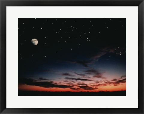 Framed Moon and stars in the sky at dusk Print