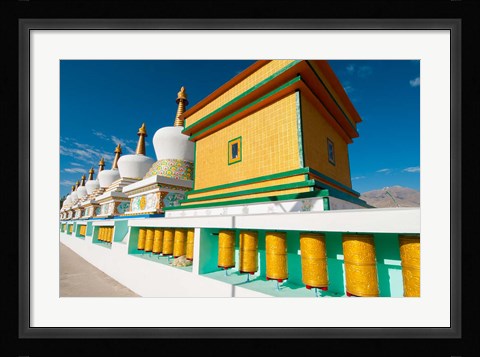 Framed Chortens and prayer flags at Dali Lama's Ladakh home, Ladakh, India Print