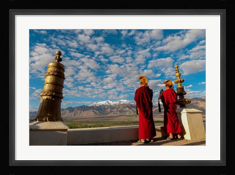 Framed Monks playing horns at sunrise, Thiksey Monastery, Leh, Ledakh, India Print