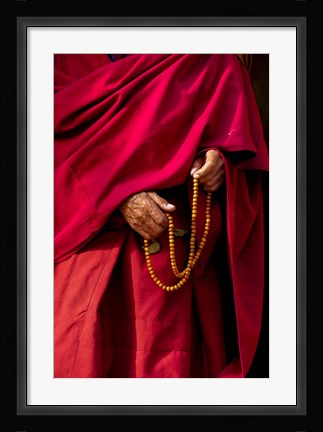 Framed Hands of a monk in red holding prayer beads, Leh, Ladakh, India Print