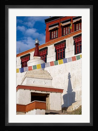 Framed Prayer flags and a chorten at Thiksey Monastery, Leh, Ladakh, India Print