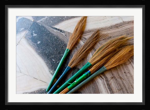 Framed India, Jammu and Kashmir, Ladakh, Leh, brooms in a Buddhist temple Print