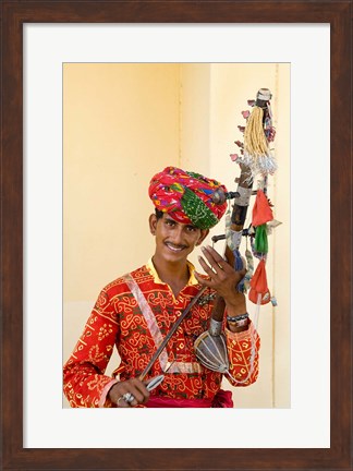 Framed Young Man in Playing Old Fashioned Instrument Called a Sarangi, Agra, India Print