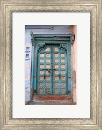 Framed Blue-painted door, Jojawar, Rajasthan, India Print