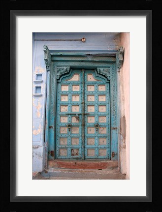 Framed Blue-painted door, Jojawar, Rajasthan, India Print