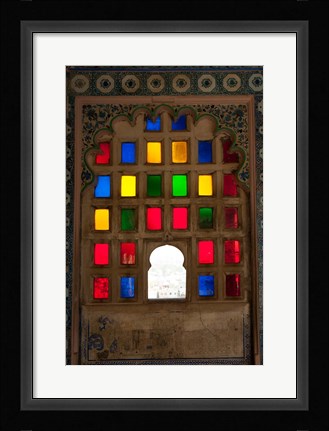 Framed Brightly colored glass window, City Palace, Udaipur, Rajasthan, India. Print