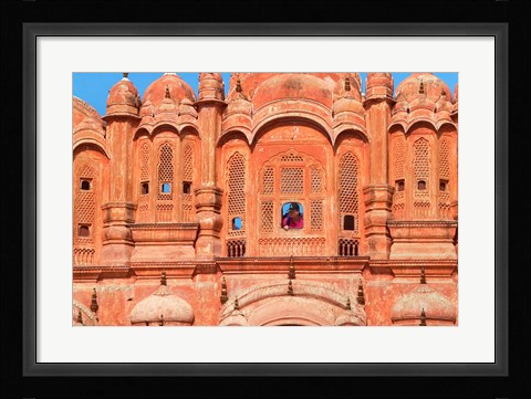 Framed Tourist by Window of Hawa Mahal, Palace of Winds, Jaipur, Rajasthan, India Print