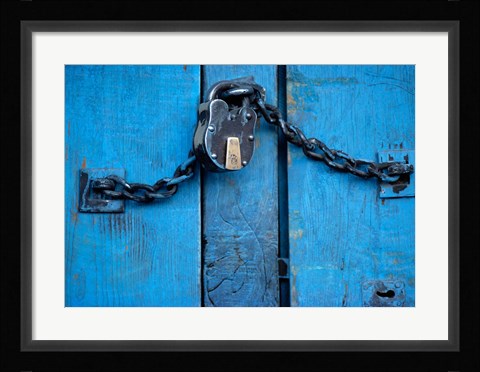 Framed India, Ladakh, Kargil, Padlock on blue door Print