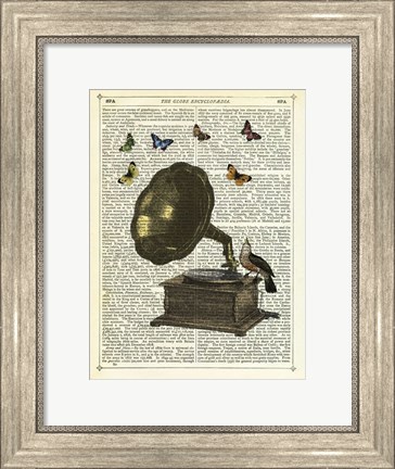Framed Gramophone, Bird &amp; Butterflies Print