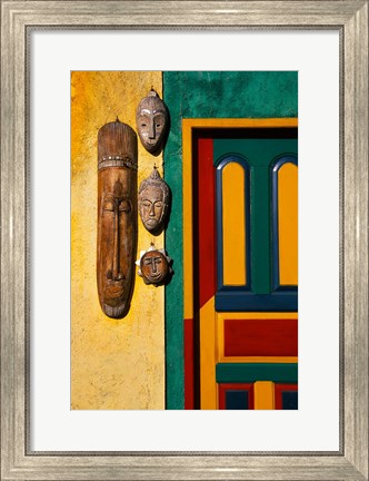 Framed Decorated Door with Handcrafted Masks in Ubud, Bali, Indonesia Print