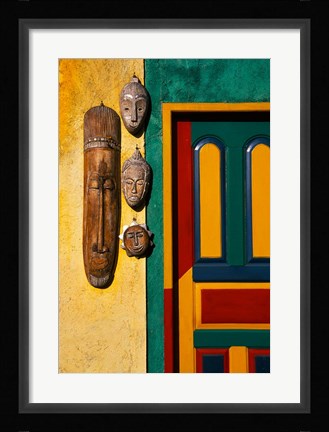 Framed Decorated Door with Handcrafted Masks in Ubud, Bali, Indonesia Print