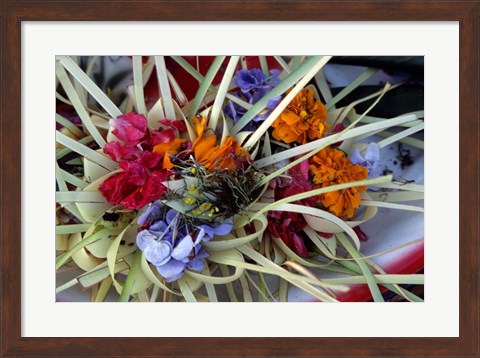 Framed Flowers and Palm Ornaments, Offerings for Hindu Gods at Temple Ceremonies, Bali, Indonesia Print