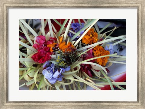 Framed Flowers and Palm Ornaments, Offerings for Hindu Gods at Temple Ceremonies, Bali, Indonesia Print