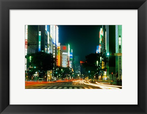 Framed Expensive Shopping District with Night Traffic, Ginza Area, Tokyo, Japan Print