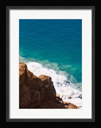 Framed Deposit of salt and gypsum by the cliff in Dead Sea, Jordan Print