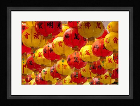 Framed Red and yellow Chinese lanterns hung for New Years, Kek Lok Si Temple, Island of Penang, Malaysia Print