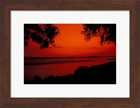 Framed Sunset on Mekong River and Boats, Laos Print